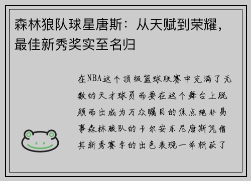 森林狼队球星唐斯：从天赋到荣耀，最佳新秀奖实至名归