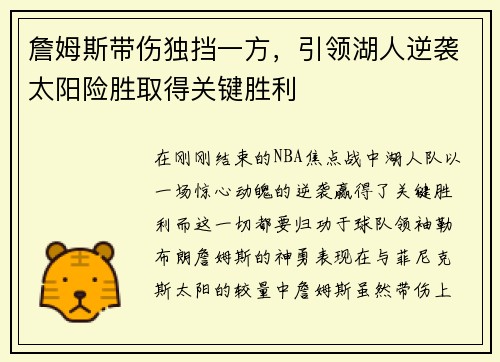 詹姆斯带伤独挡一方，引领湖人逆袭太阳险胜取得关键胜利